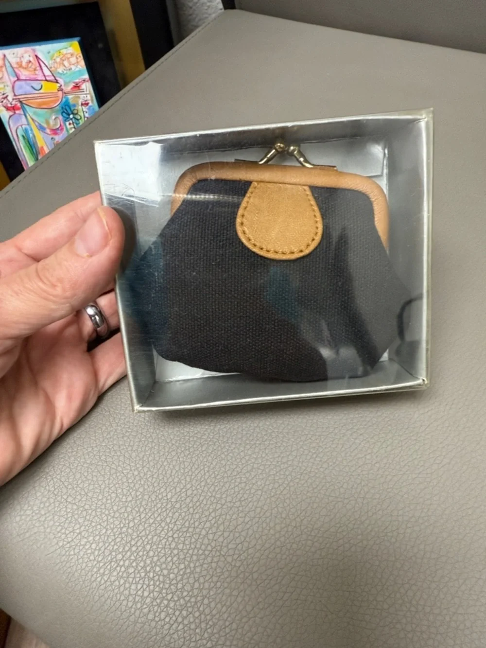 Vintage Classic Black Canvas Kissing Clutch  Coin Purse with Tan Trim